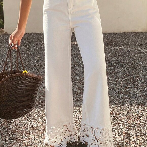 White Casual Women's Lace Patchwork Elegant Wide-Leg denim Jeans - Picture 2 of 7